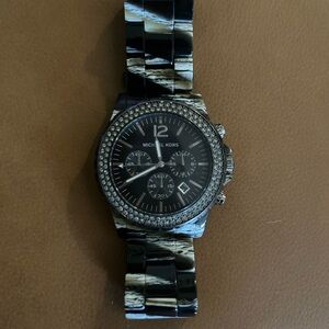 Michael Kors Madison watch. Black and beige band.